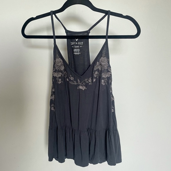 AEO Charcoal Gray Babydoll Tank With Lavender Floral Stitching - Picture 1 of 6